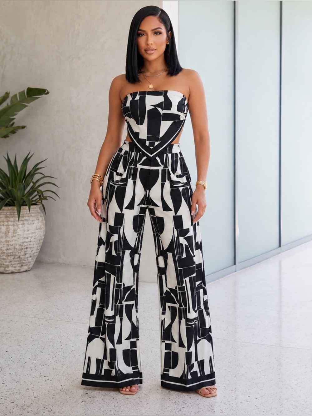 NWT Miss Avenue 2-Piece Black & White Geometric Scarf Top and Wide-Leg Pant Set